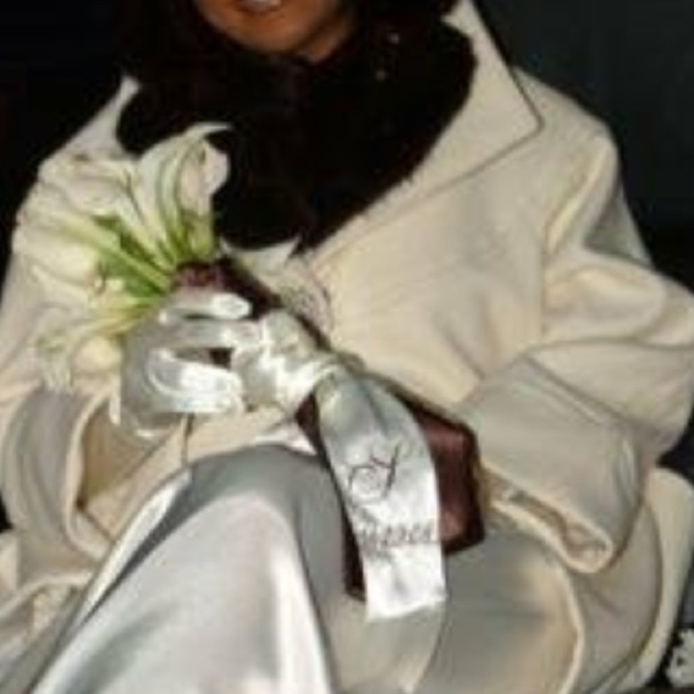 Custom made ivory bridal swing Coat w/ fox collar